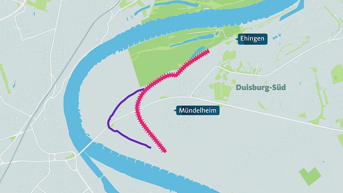 Der neue Rheindeich liegt rund 500 Meter weiter im Landesinneren und umschlingt den Duisburger Stadtteil Mündelheim. 