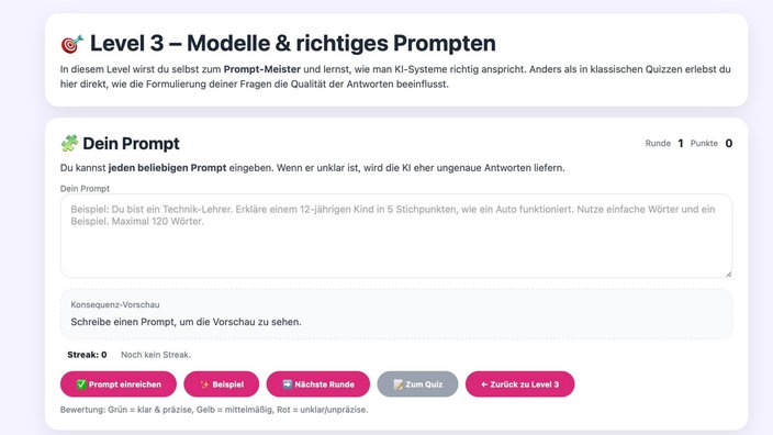 Oberfläche der Website von AI Ready: Level 3 - richtige Prompten