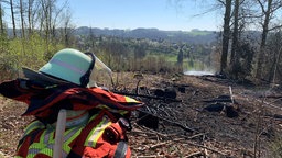 Das Bild zeigt einen Feuerwehrhelm vor der verbrannten Waldfläche.