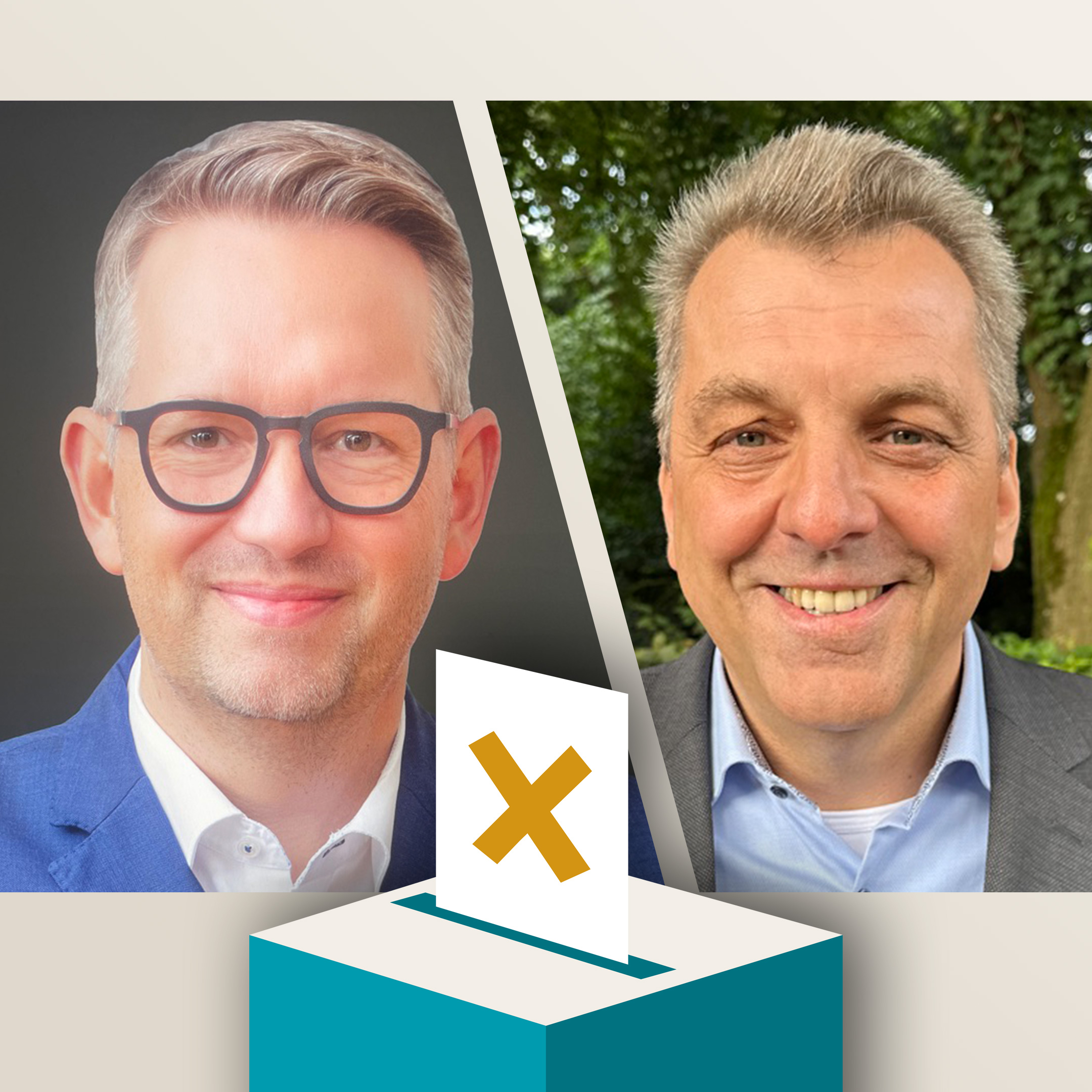 Die Kandidaten im Portrait - links Ingo Brohl (CDU/Grüne), rechts Peter Paic (SPD).