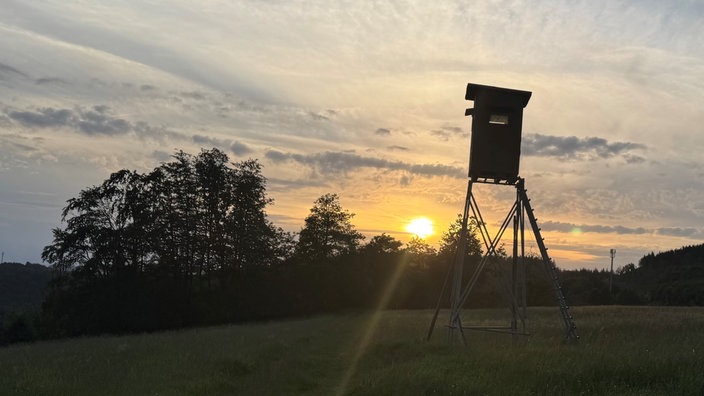 Ein Hochsitz im Sonnenuntergang  