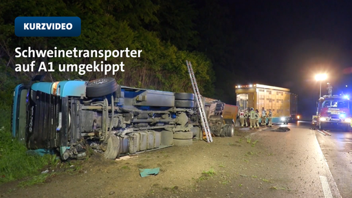 Ein großer Transporter liegt auf der Seite am Straßenrand der A1