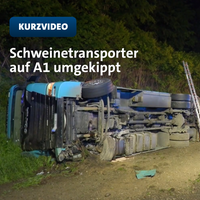 Ein großer Transporter liegt auf der Seite am Straßenrand der A1