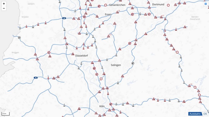 Grafik: Karte von Nordrhein-Westfalen mit vielen Baustellen