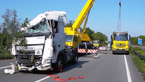 Ein weißer Lkw mit eingedrückten Führerhaus und geborstener Windschutzscheibe steht auf dem linken Fahrstreifen einer Autobahn, aus der Kabine ragt ein Baum. Dahinter steht ein gelber Bergungskran und ein gelber Lkw, die Fahrbahn ist abgesperrt.