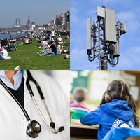 Collage von Menschen am Rheinufer in Düsseldorf, einem Mobilfunkmast, einem Arzt mit Stethoskop um den Hals und Kindern in einem Klassenzimmer