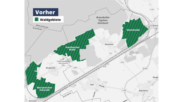 Zu sehen ist eine Karte die die Waldgebiete des Hambacher Forsts darstellt