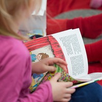 Ein Kind hält ein Buch mit Text und Bildern in der Hand
