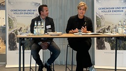Rechts NRW, Wirtschaftsministerin, Mona Neubaur Links Christian Mildenberger, Geschäftsführer NRW.Energy4Climate