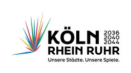 Buntes grafisches Logo der Olympiabewerbung NRW mit dem Schriftzug "Köln 2036, 2040, 2044, Rhein Ruhr, Unsere Städte. Unsere Spiele." 