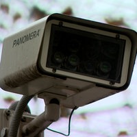 Videokamera mit Aufschrift Panomera im Hintergrund Himmel und Blätter unscharf