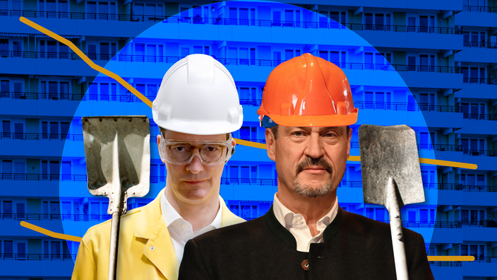 Montage: NRW-Ministerpräsident Hendrik Wüst und Bayerns Ministerpräsident Markus Söder mit Schaufeln vor einem Bild von Sozialwohnungen