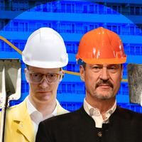 Montage: NRW-Ministerpräsident Hendrik Wüst und Bayerns Ministerpräsident Markus Söder mit Schaufeln vor einem Bild von Sozialwohnungen