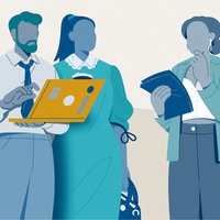 Illustration: Personen stehen zusammen und halten Laptop und Unterlagen in den Händen