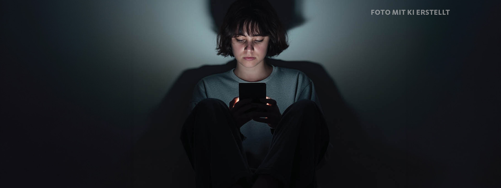 Ein Mädchen, die am Handy scrollt in Dunkelheit