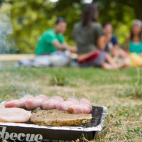 Junge Leute chillen und grillen im Park
