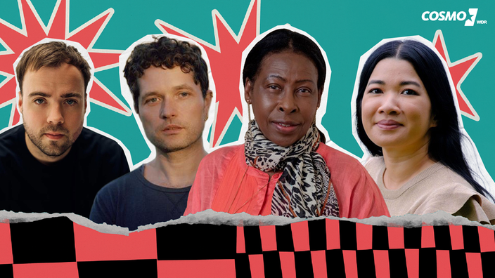 Collage mit den Autor:innen Kurt Prödel, Colin Walsh, Scholastique Mukasonga und Thi Thanh Thao Trân. 