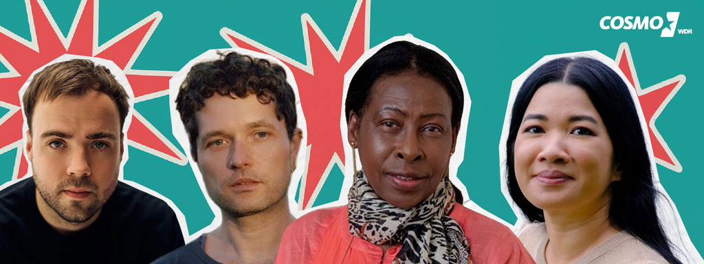 Collage mit den Autor:innen Kurt Prödel, Colin Walsh, Scholastique Mukasonga und Thi Thanh Thao Trân. 