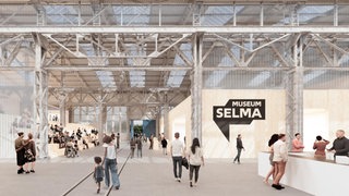 Eine Computergenerierte Ansicht des Innenraumes des Museums. Menschen stehen in einer großen Halle, die durch ein Gerüst getrennt wird.