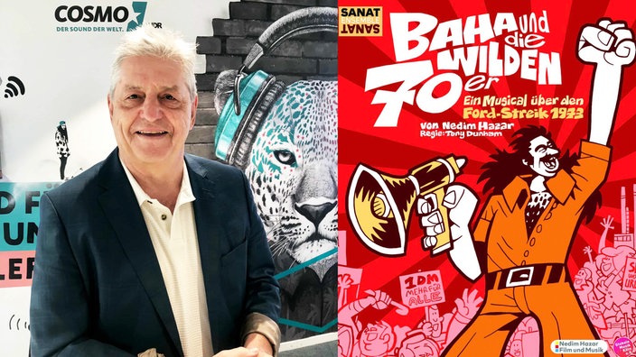Nedim Hazar Bora und das Plakat zu dem Musical "Baha und die wilden 70'er"