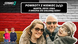 Marta wróciła z Drezna do Zielonej Góry z niemieckim mężem Erykiem, synem oraz psami Kobieta, mężczyzna i dziecko na tle muru i flagi polsko-niemieckiej