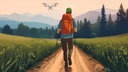 Person mit Rucksack wandert auf Waldweg, am Himmel fliegt eine Drohne.