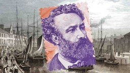 Collage: Ein buntes Portrait von Jules Verne über einem Bild von Edinburgh aus dem 19. Jahrhundert.