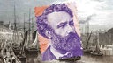 Collage: Ein buntes Portrait von Jules Verne über einem Bild von Edinburgh aus dem 19. Jahrhundert.