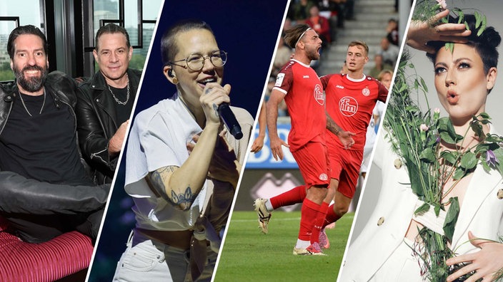 Die Bild-Kombo zeigt v.l. nach rechts: Alec Völkel und Sascha Vollmer (The BossHoss), Stefanie Heinzmann, Spieler von Rot-Weiss Essen und Tahnee