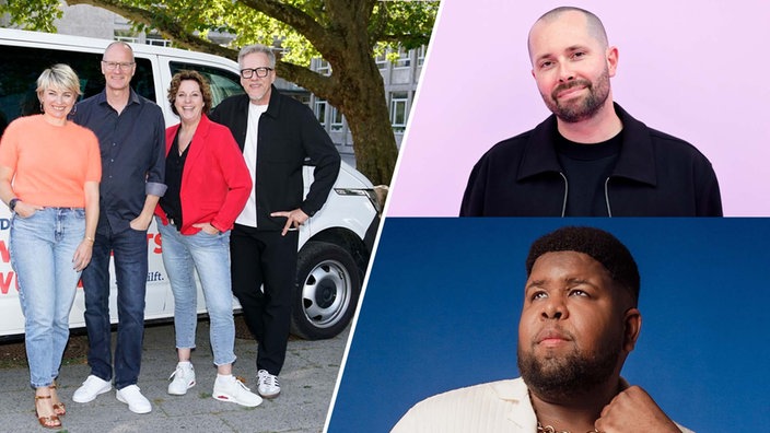 Die Bild-Kombo zeigt das Moderationsteam Sabine Heinrich, Thomas Bug, Steffi Neu und Jan Malte Andresen (linke Bildhälfte) sowie DJ David Puentez (rechts oben) und Ray Dalton (rechts unten)