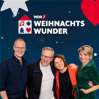 Grafik: Das WDR 2 Weihnacthswunder steht links geschrieben, rechts sind die vier Mmoderatoren der Aktion. Von links nach rechts: Thomas Bug, Jan Malte Andresen, Steffi Neu und Sabine Heinrich