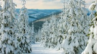 Schneebedeckte Bäume und ein Panoramablick vom Kahlen Asten über das Sauerland.