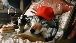 Das KI-Kunstwerk zeigt einen bedrohlich wirkenden Wolf im Sessel sitzend mit roter Kappe auf dem Kopf, vor dem eine Sahnetorte und ein Glas Rotwein stehen.