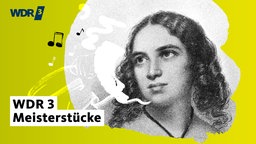 Ein gezeichnetes schwarz weiß Porträt der Komponistin und Pianistin Fanny Hensel.