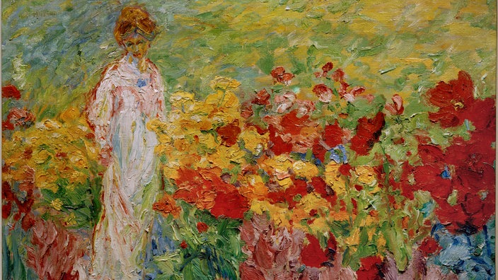 Nolde, Emil - Blumengarten, Frau im weißen Kleid en face (1908)