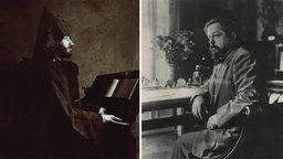 Bildmontage: Schwarzweiß-Fotos von Komitas Vardapet und Claude Debussy nebeneinander.