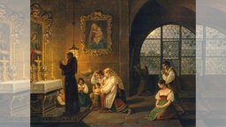 Das Bild nach einem Gemälde von Nepumok Schödberger zeigt Menschen in einer italienischen Kirche beim Beten