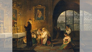 Das Bild nach einem Gemälde von Nepumok Schödberger zeigt Menschen in einer italienischen Kirche beim Beten