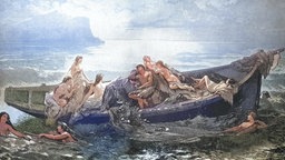 Gemälde von Wilhelm Kray: Ein Fischer in seinem Boot wird von Meerjungfrauen von der Arbeit abgelenkt.