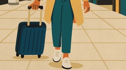 Illustration: Eine Frau läuft mit Reisekoffer durch eine Reisehalle.