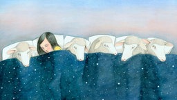 Illustration: Frau schläft neben Schafen im Bett.