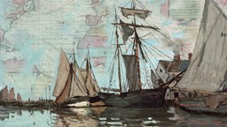 Gemälde von Hafen mit blauem Himmel und Kartenstücken.