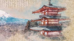 Landschaft in Japan, umrandet von Buchseiten.