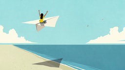 Illustration: Sorglose Frau mit erhobenen Armen fliegt auf Papierflugzeug über sonnigen Meeresstrand.