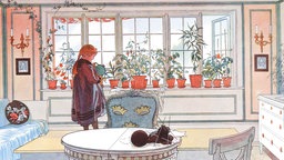 Zeichnung: "Das Blumenfenster" (1917), ein Mädchen gießt Blumen auf einer Fensterbank.