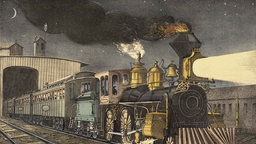 Illustration: Altmodische Lokomotive in der Nacht.