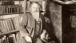 Der Komponist Johannes Brahms sitzt in seiner Bibliothek