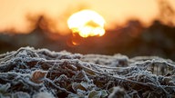 Die Morgensonne geht nach einer Frostnacht auf.
