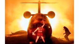 Szenenfoto von "Salome" am Theater Hagen: Eine Frau gestikuliert vor einem großen Flugzeugrumpf.