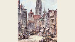 Das Beitragsbild der WDR3 Vesper "Musikstadt Antwerpen" zeigt eine Farblithografie der Stadtansicht von Antwerpen, um 1830.